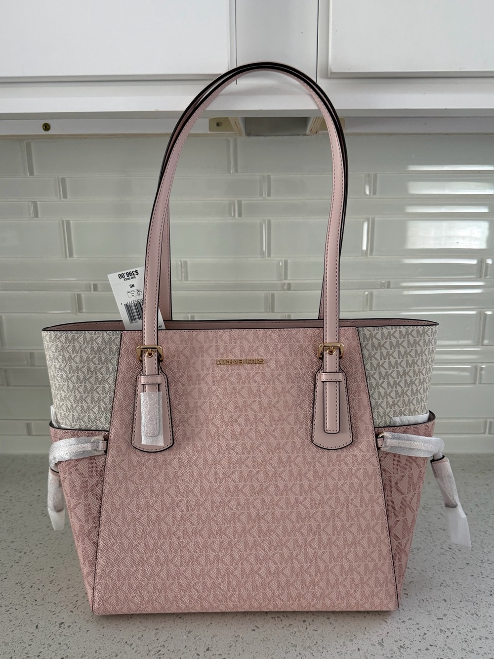 Michael Kors Large Color-Block Signature Logo Tote Bag: in Powder Blush MLT